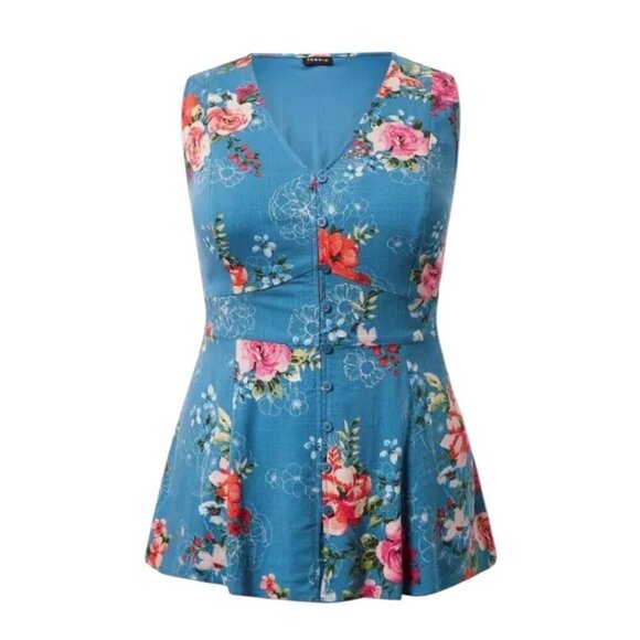 Torrid Floral Tank Blouse Sz.2 2XL Blue Sleeveless Peplum Boho Cottage Feminine - Picture 3 of 16